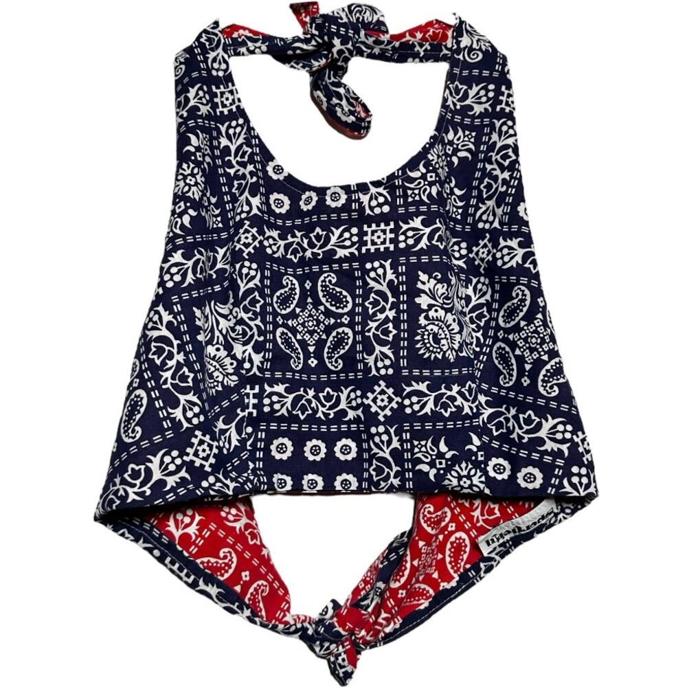 VTG Sportivity Bandana Top Halter Neck Tie Reversible 80 Backless Paisley Navy L - Picture 1 of 4